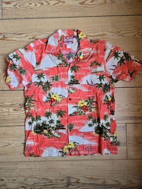 RJC Hawaiian Shirt Tropical Print Coral Size L Made in USA